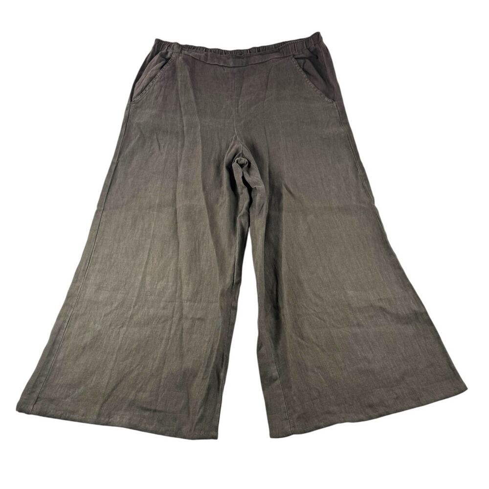 Match Point Linen Wide Leg Cropped Pants XXL Green Brown Culotte Lagenlook Boho